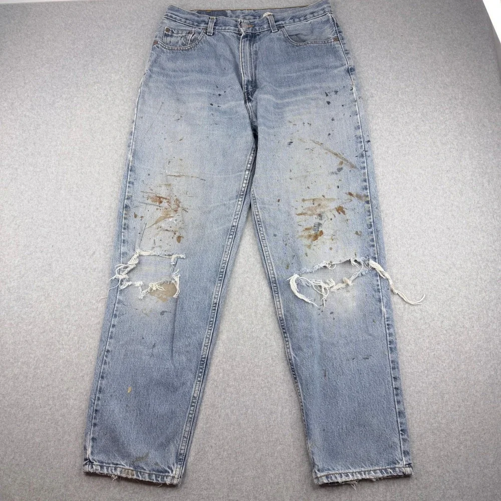 Vintage Levis 560 Loose Fit Straight Leg Jeans Light Wash Thrashed Paint 29x27.5